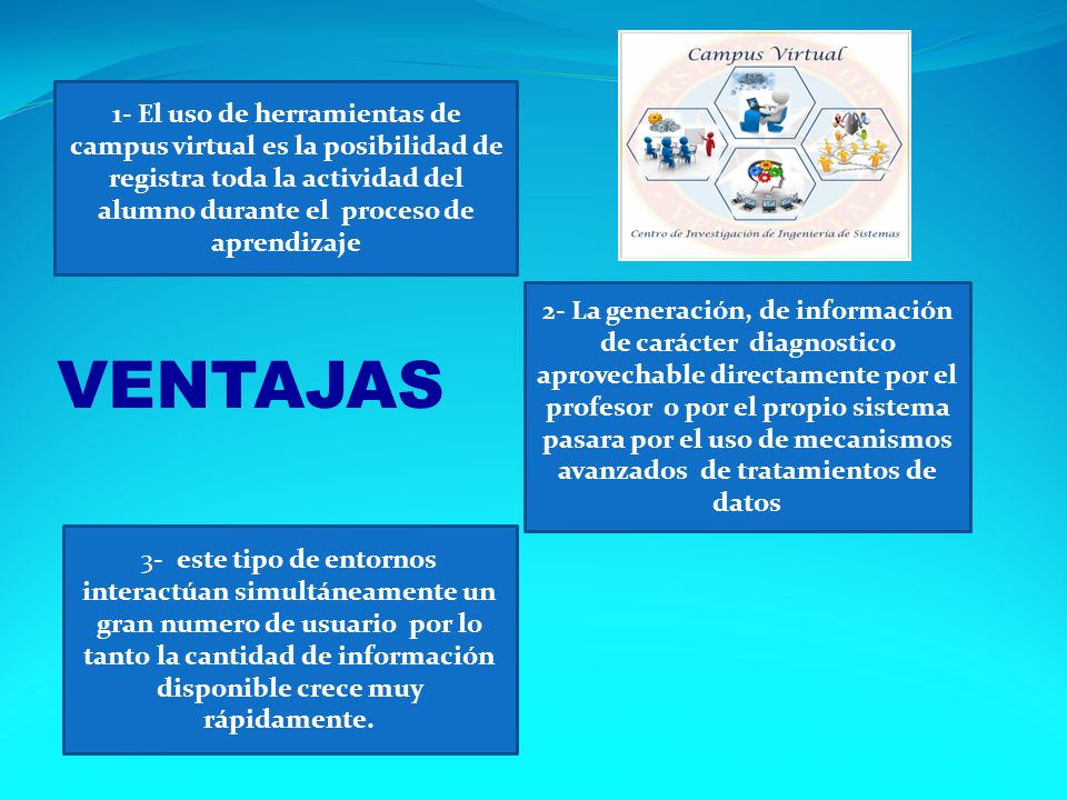 1- El uso de herramientas de campus virtual es la posibilidad de registra toda la actividad del alumno durante el proceso de aprendizaje
