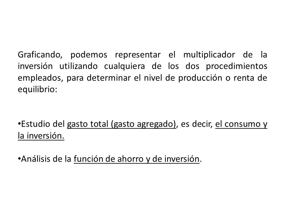 Graficando, podemos representar el multiplicador de la inversión utilizando cualquiera de los dos procedimientos empleados, para determinar el nivel de producción o renta de equilibrio: