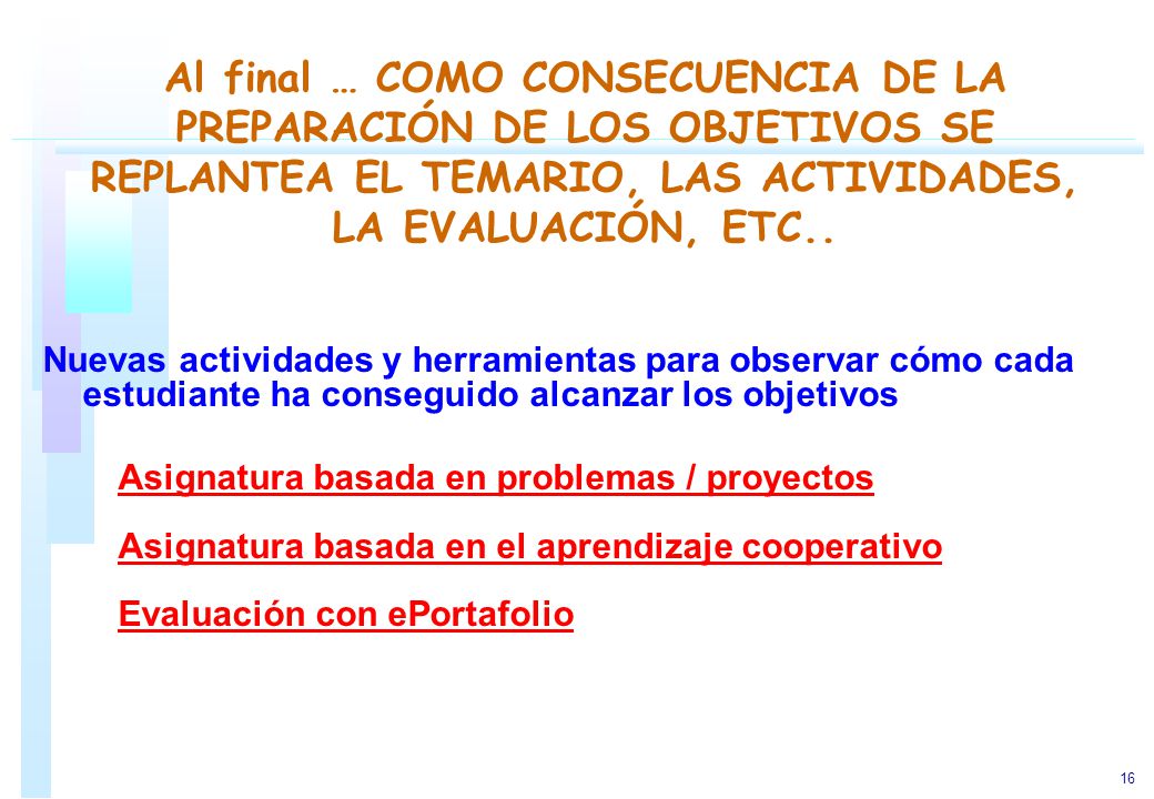 Al final … COMO CONSECUENCIA DE LA PREPARACIÓN DE LOS OBJETIVOS SE REPLANTEA EL TEMARIO, LAS ACTIVIDADES, LA EVALUACIÓN, ETC..