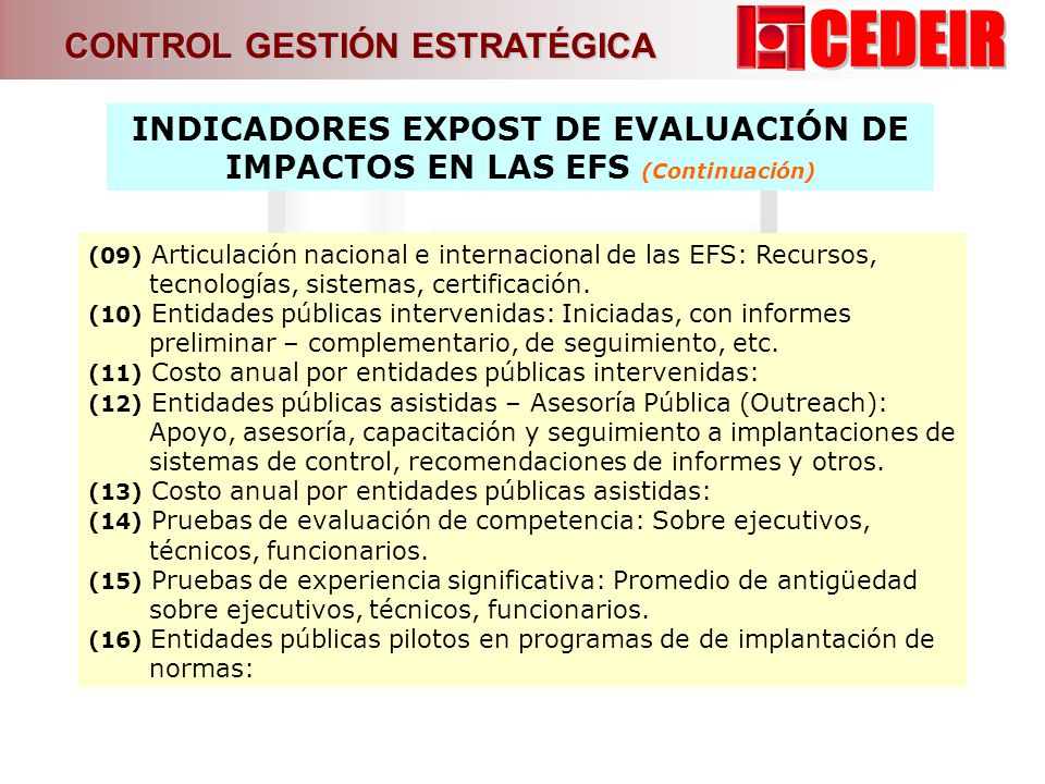 INDICADORES EXPOST DE EVALUACIÓN DE IMPACTOS EN LAS EFS (Continuación)