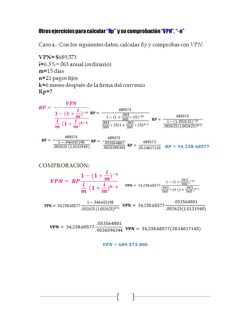 Otros ejercicios para calcular Rp y su comprobación VPN , -n