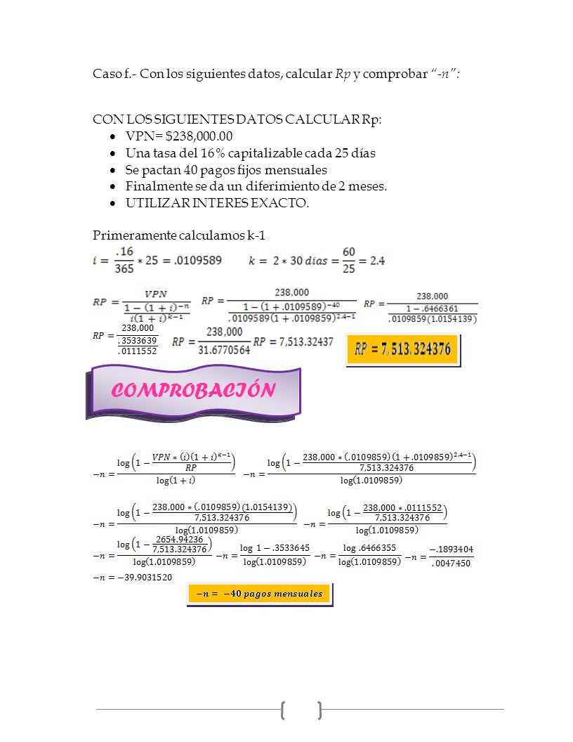 Caso f.- Con los siguientes datos, calcular Rp y comprobar -n :