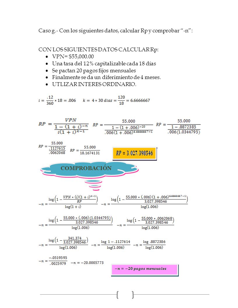 Caso g.- Con los siguientes datos, calcular Rp y comprobar -n :