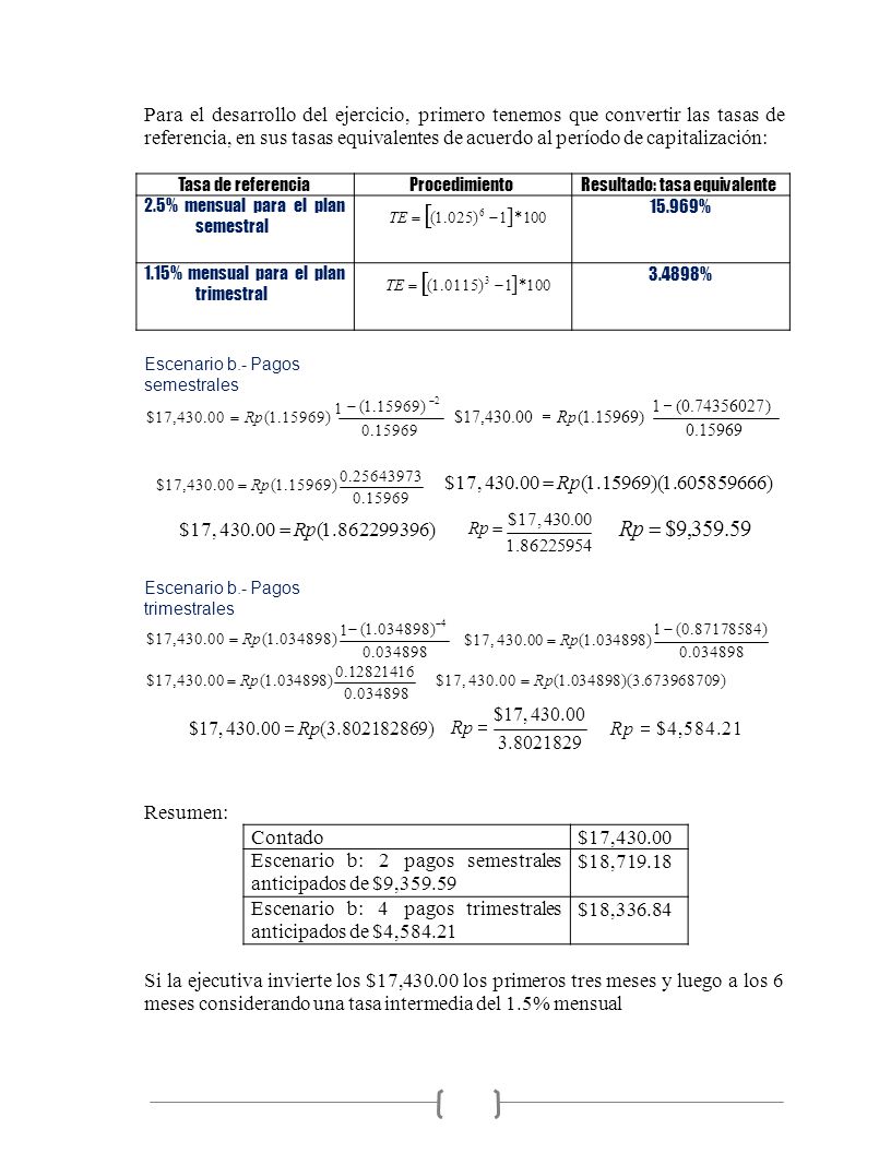 Para el desarrollo del ejercicio, primero tenemos que convertir las tasas de referencia, en sus tasas equivalentes de acuerdo al período de capitalización: