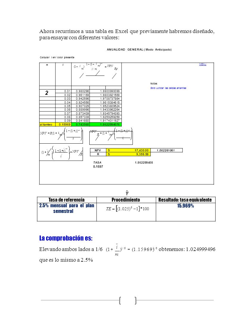 Ahora recurrimos a una tabla en Excel que previamente habremos diseñado, para ensayar con diferentes valores:
