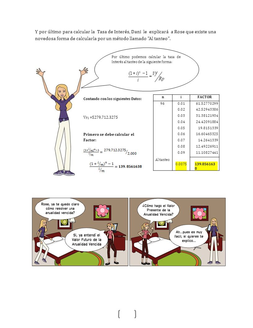Y por último para calcular la Tasa de Interés, Dani le explicará a Rose que existe una novedosa forma de calcularla por un método llamado Al tanteo .