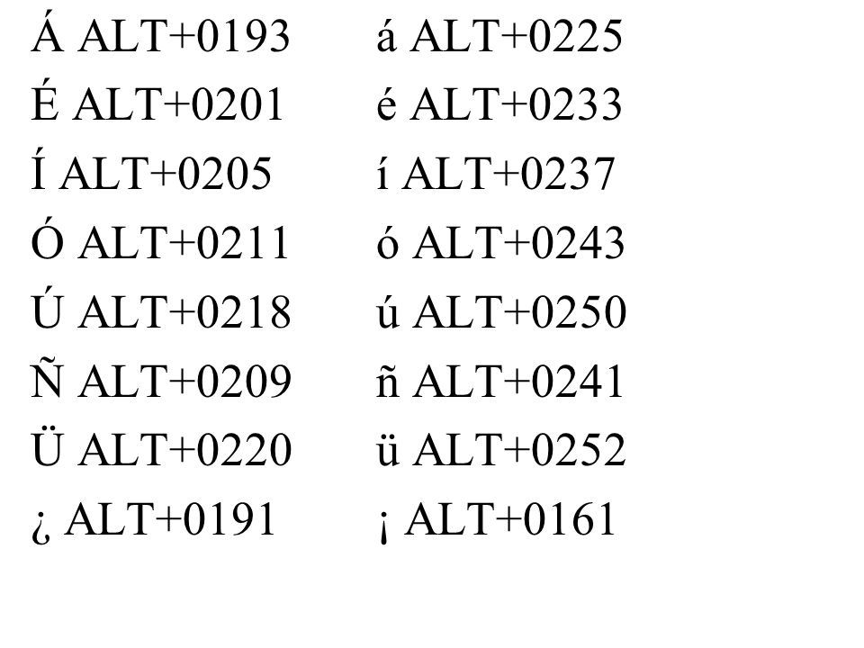 Á ALT+0193 á ALT+0225 É ALT+0201 é ALT+0233 Í ALT+0205 í ALT+0237