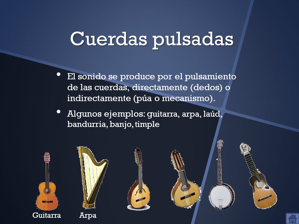 Cuerdas pulsadas El sonido se produce por el pulsamiento de las cuerdas, directamente (dedos) o indirectamente (púa o mecanismo).