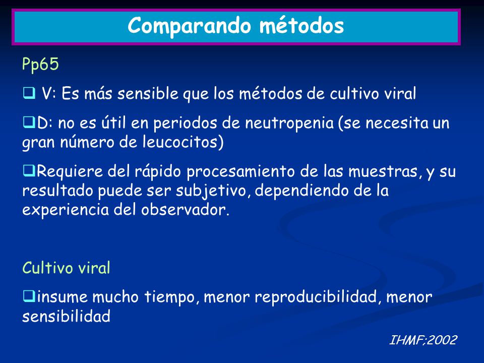 Comparando métodos Pp65. V: Es más sensible que los métodos de cultivo viral.