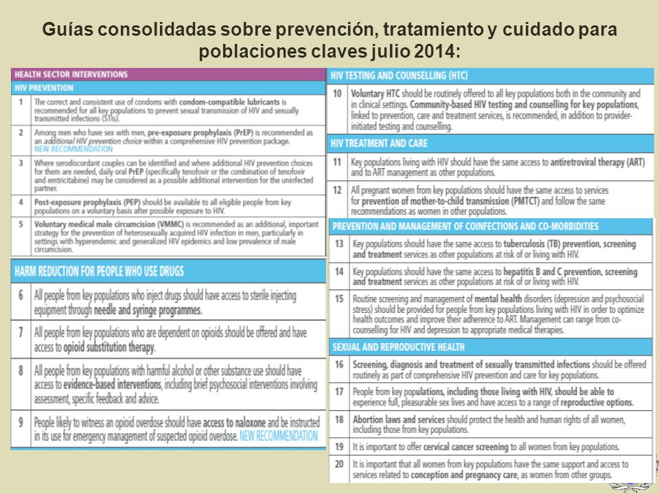 Guías consolidadas sobre prevención, tratamiento y cuidado para poblaciones claves julio 2014: