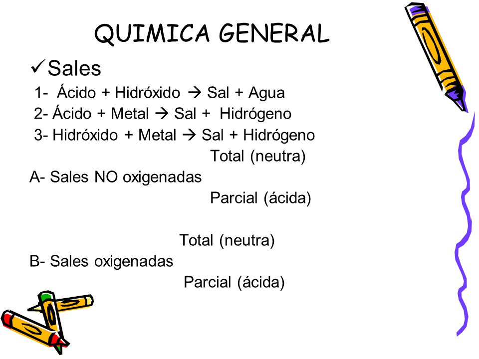 QUIMICA GENERAL Sales 1- Ácido + Hidróxido  Sal + Agua