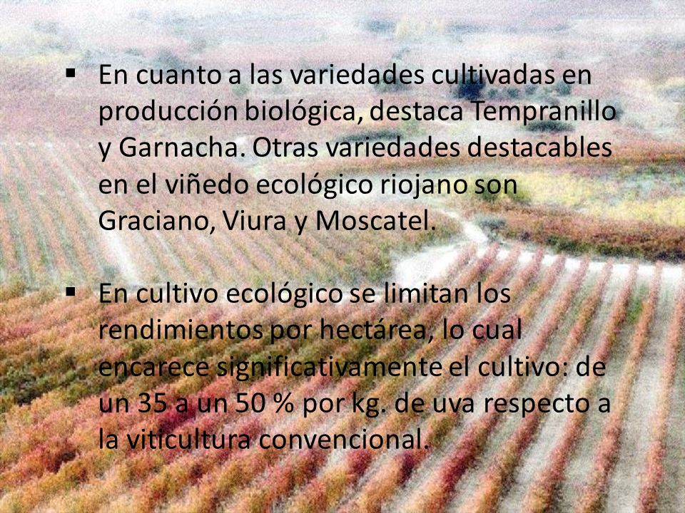 En cuanto a las variedades cultivadas en producción biológica, destaca Tempranillo y Garnacha. Otras variedades destacables en el viñedo ecológico riojano son Graciano, Viura y Moscatel.