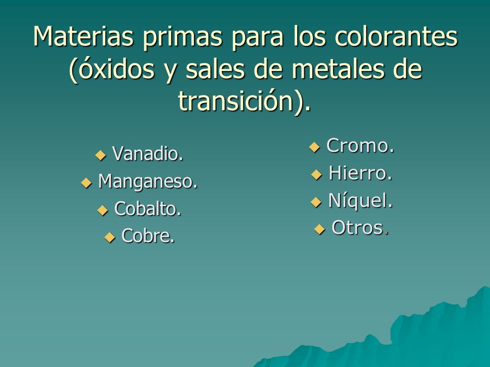 Materias primas para los colorantes (óxidos y sales de metales de transición).