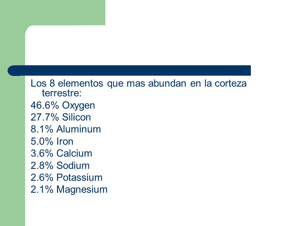 Los 8 elementos que mas abundan en la corteza terrestre: