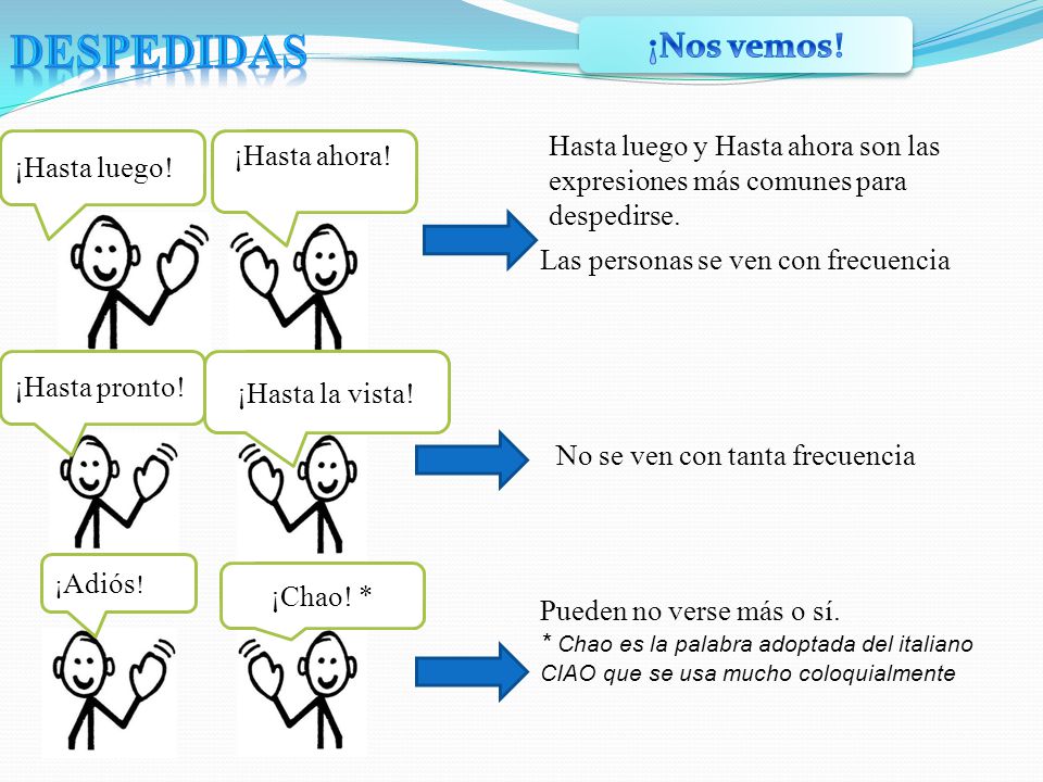 DESPEDIDAS ¡Nos vemos! Hasta luego y Hasta ahora son las expresiones más comunes para despedirse. ¡Hasta luego!