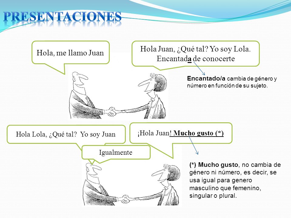 PRESENTACIONES Hola, me llamo Juan. Hola Juan, ¿Qué tal Yo soy Lola. Encantada de conocerte.