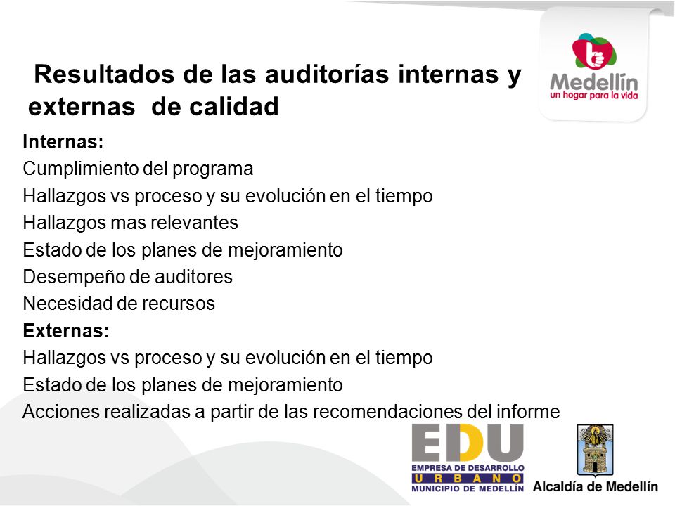 Resultados de las auditorías internas y externas de calidad