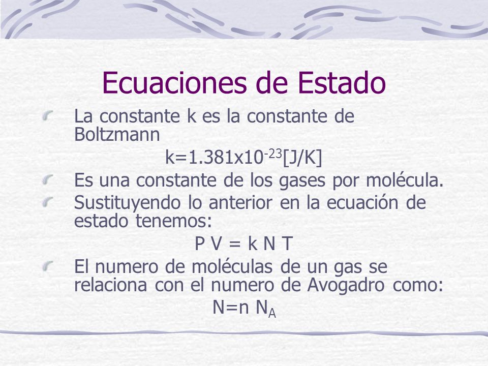 Ecuaciones de Estado La constante k es la constante de Boltzmann