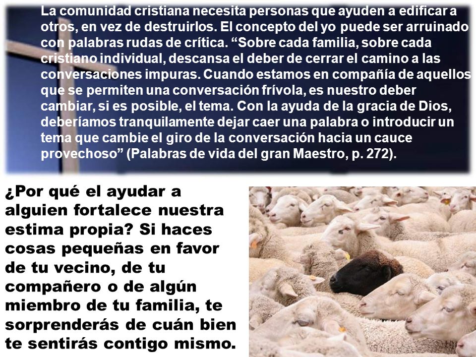 La comunidad cristiana necesita personas que ayuden a edificar a otros, en vez de destruirlos. El concepto del yo puede ser arruinado con palabras rudas de crítica. Sobre cada familia, sobre cada cristiano individual, descansa el deber de cerrar el camino a las conversaciones impuras. Cuando estamos en compañía de aquellos que se permiten una conversación frívola, es nuestro deber cambiar, si es posible, el tema. Con la ayuda de la gracia de Dios, deberíamos tranquilamente dejar caer una palabra o introducir un tema que cambie el giro de la conversación hacia un cauce provechoso (Palabras de vida del gran Maestro, p. 272).