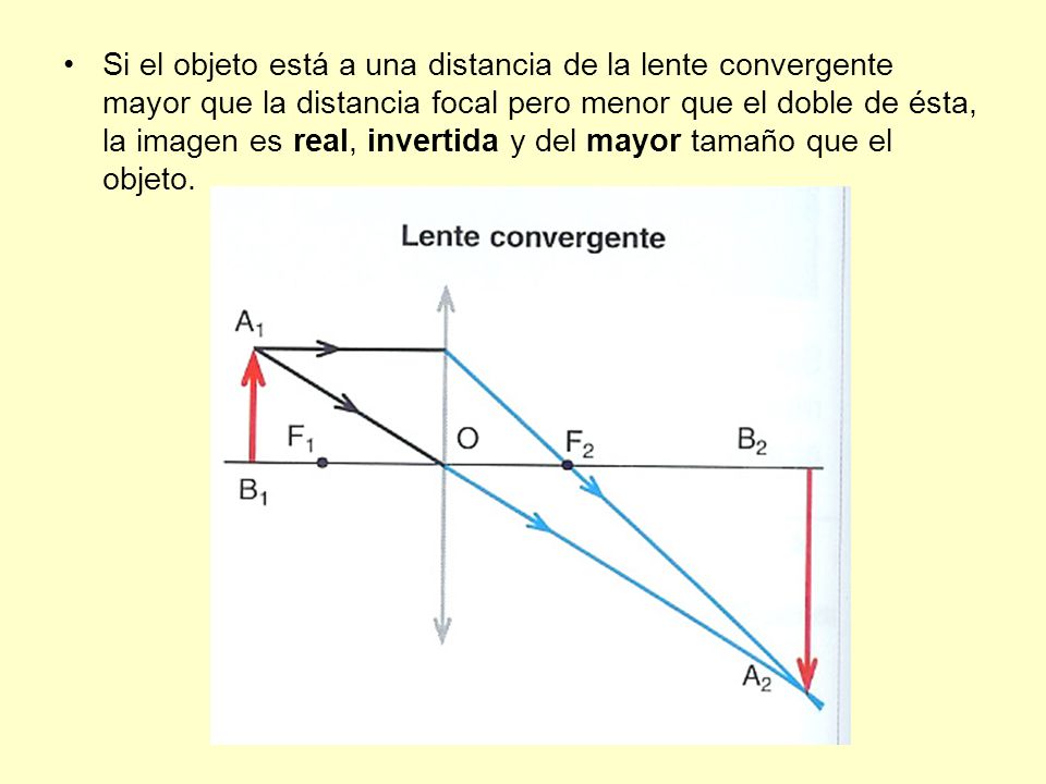 Si el objeto está a una distancia de la lente convergente mayor que la distancia focal pero menor que el doble de ésta, la imagen es real, invertida y del mayor tamaño que el objeto.