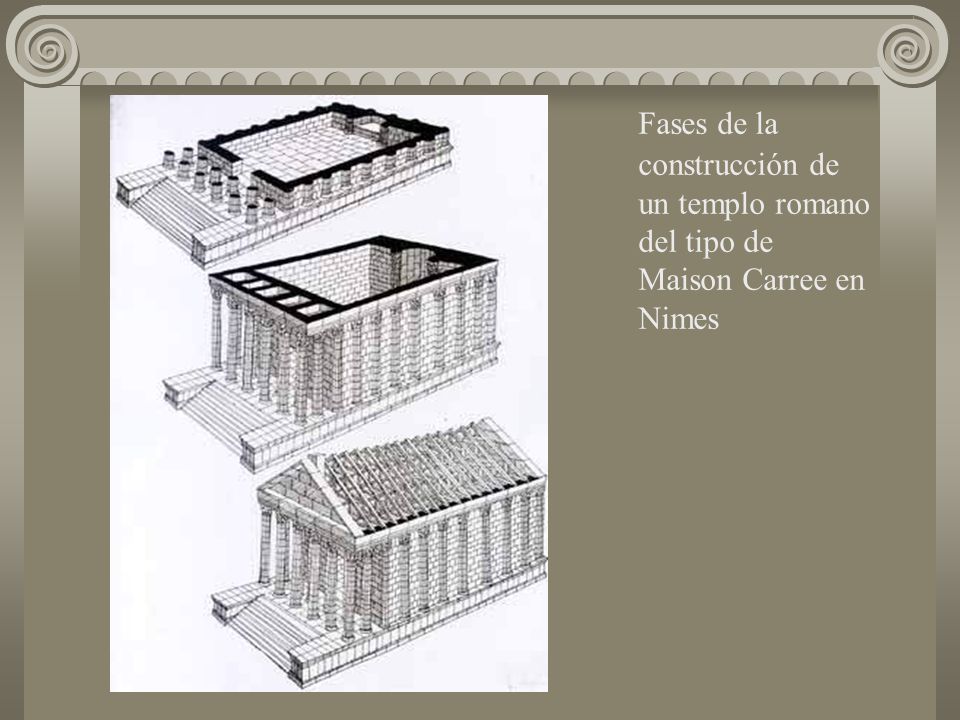 Fases de la construcción de un templo romano del tipo de Maison Carree en Nimes