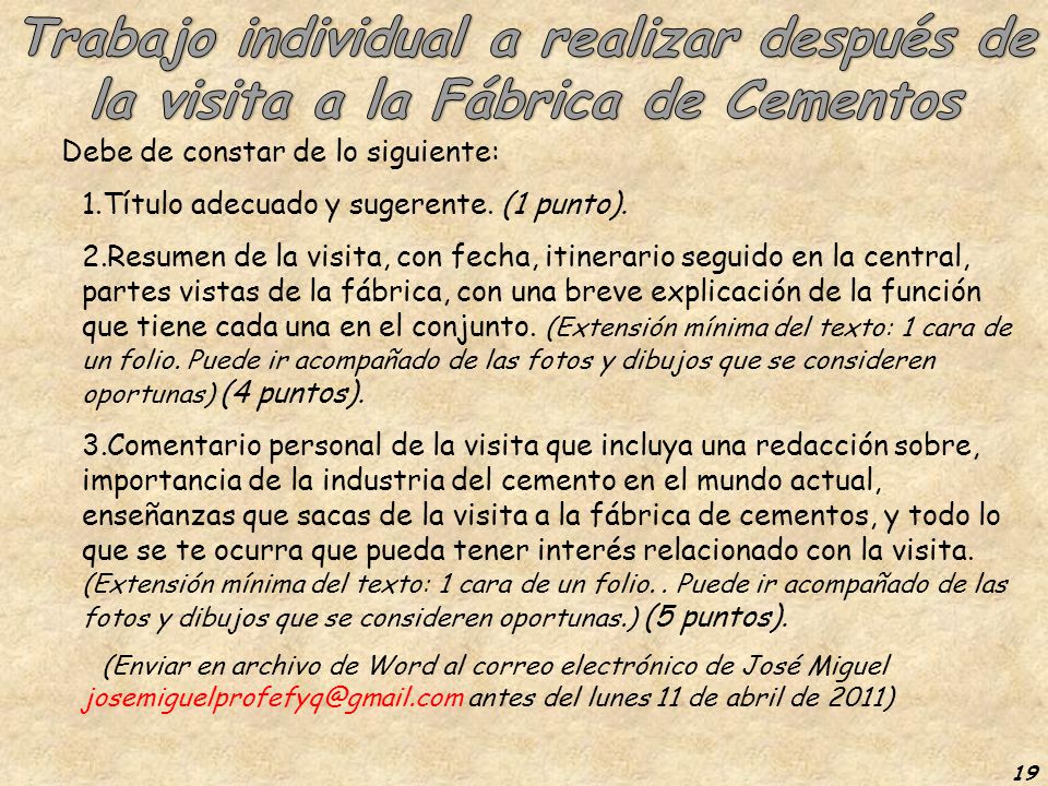 Trabajo individual a realizar después de la visita a la Fábrica de Cementos