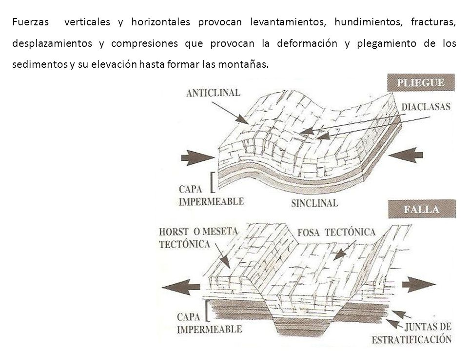 Fuerzas verticales y horizontales provocan levantamientos, hundimientos, fracturas, desplazamientos y compresiones que provocan la deformación y plegamiento de los sedimentos y su elevación hasta formar las montañas.