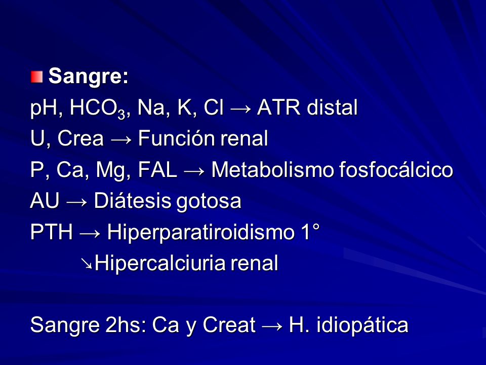 pH, HCO3, Na, K, Cl → ATR distal U, Crea → Función renal
