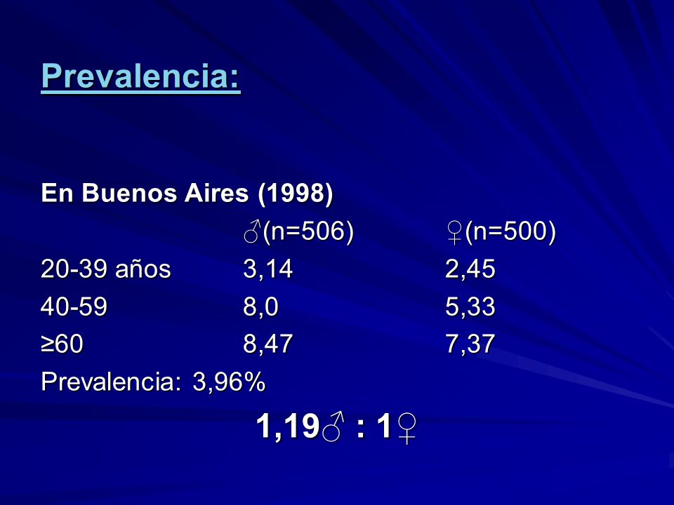 Prevalencia: 1,19♂ : 1♀ En Buenos Aires (1998) ♂(n=506) ♀(n=500)