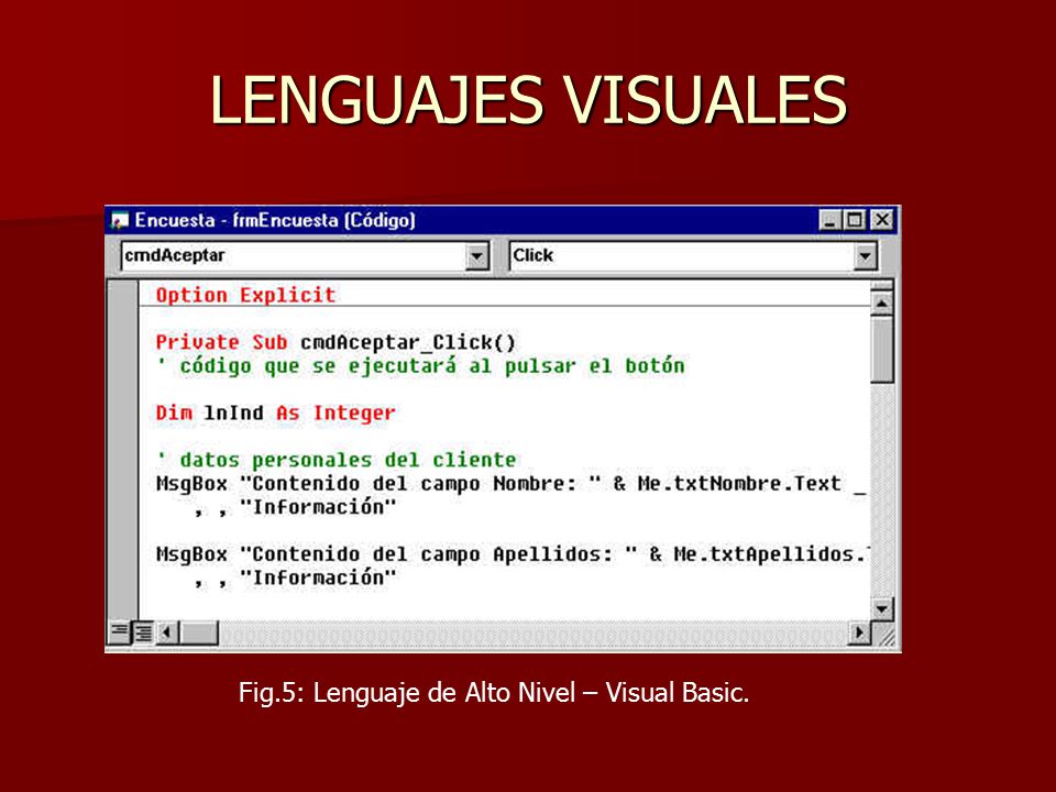 LENGUAJES VISUALES Fig.5: Lenguaje de Alto Nivel – Visual Basic.