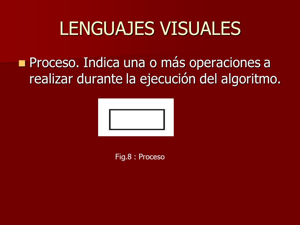 LENGUAJES VISUALES Proceso. Indica una o más operaciones a realizar durante la ejecución del algoritmo.
