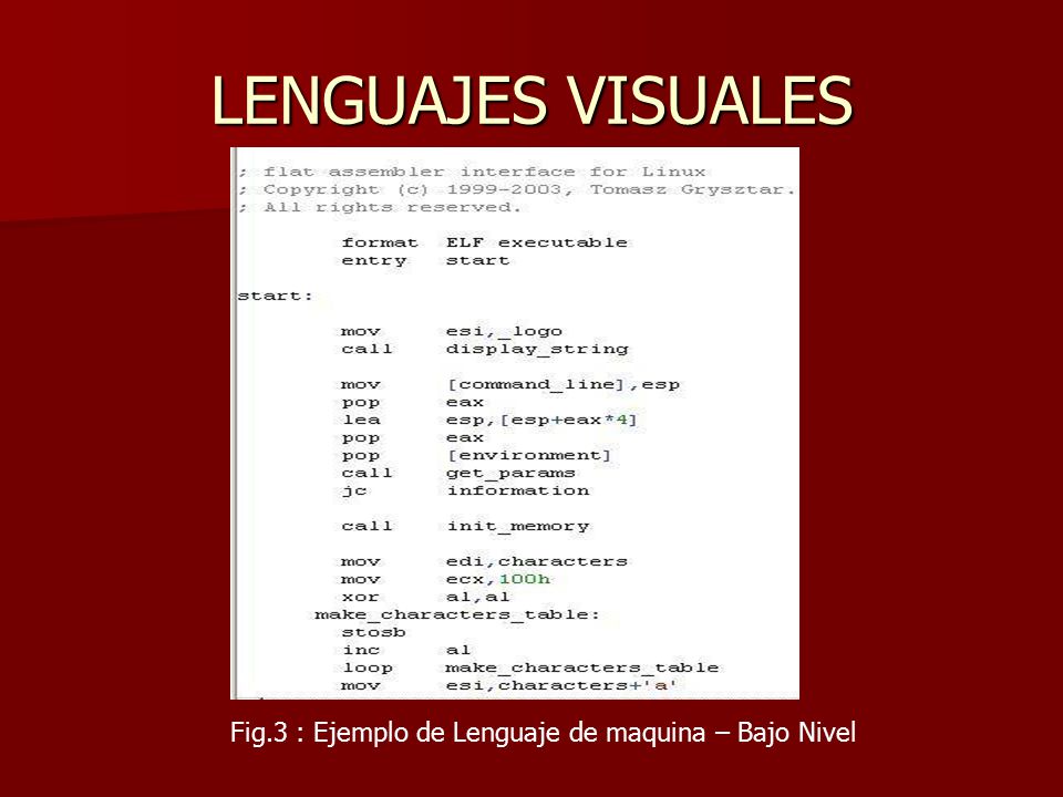LENGUAJES VISUALES Fig.3 : Ejemplo de Lenguaje de maquina – Bajo Nivel