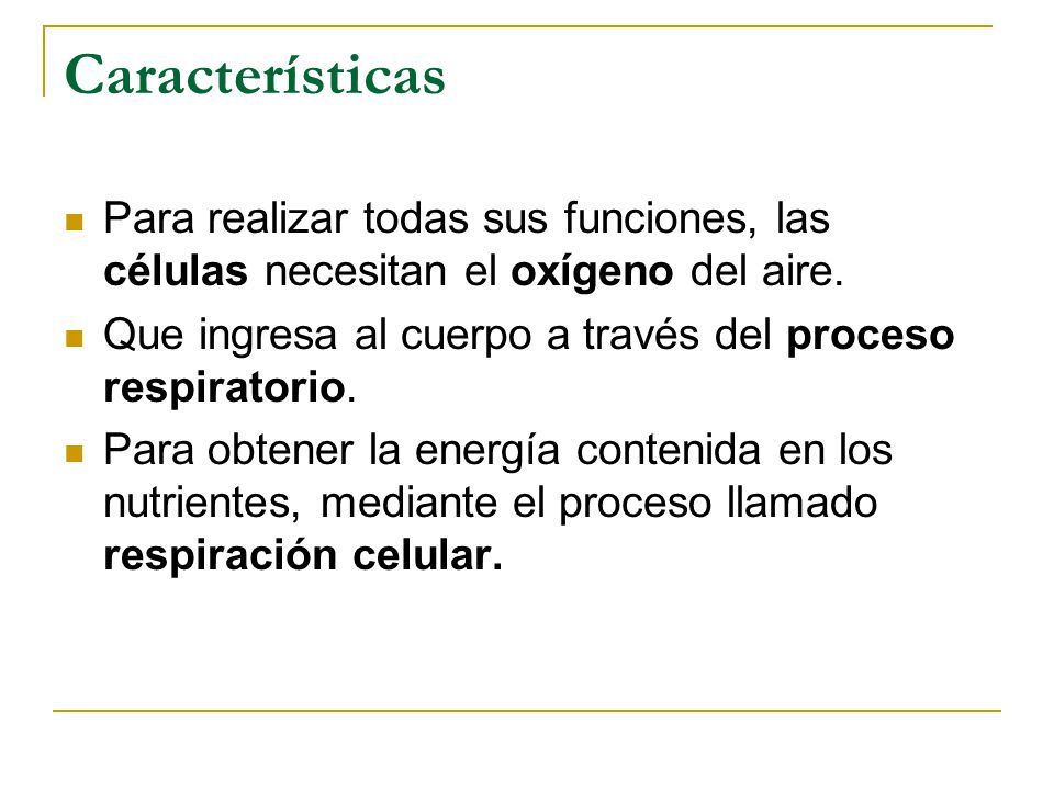 Características Para realizar todas sus funciones, las células necesitan el oxígeno del aire.