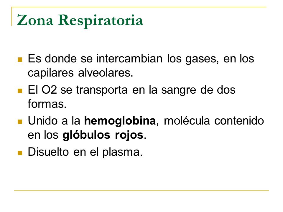 Zona Respiratoria Es donde se intercambian los gases, en los capilares alveolares. El O2 se transporta en la sangre de dos formas.