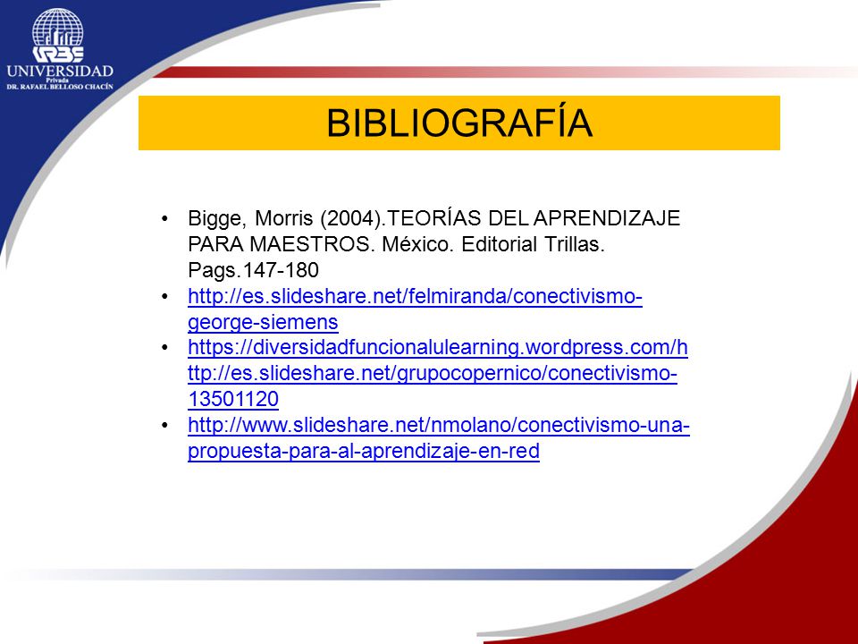 BIBLIOGRAFÍA Bigge, Morris (2004).TEORÍAS DEL APRENDIZAJE PARA MAESTROS. México. Editorial Trillas. Pags
