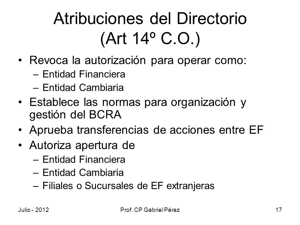 Atribuciones del Directorio (Art 14º C.O.)
