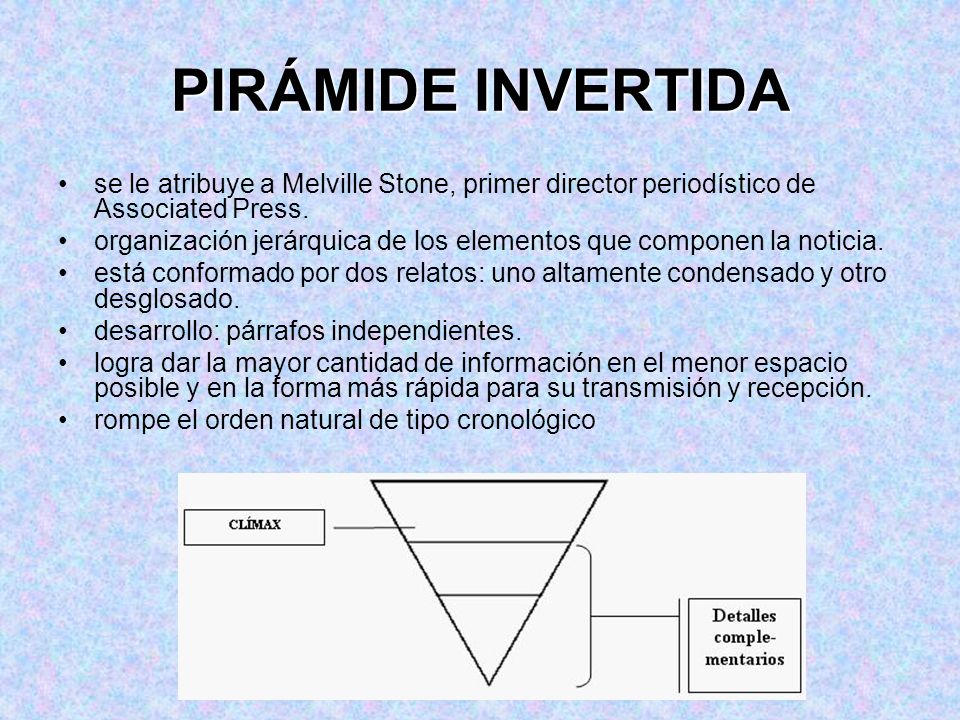 PIRÁMIDE INVERTIDA se le atribuye a Melville Stone, primer director periodístico de Associated Press.