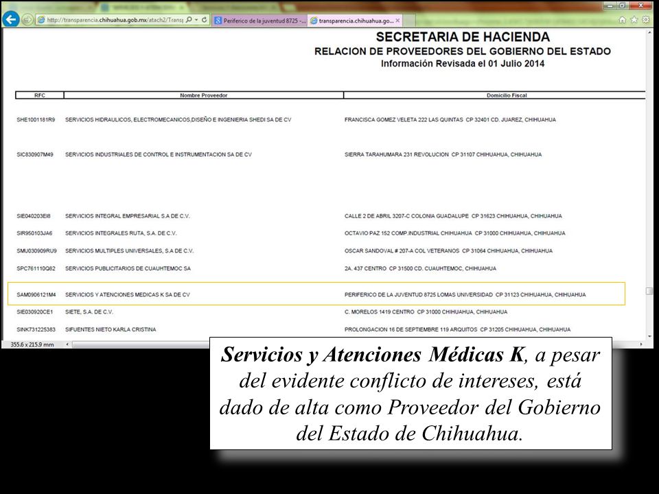Servicios y Atenciones Médicas K, a pesar del evidente conflicto de intereses, está dado de alta como Proveedor del Gobierno del Estado de Chihuahua.