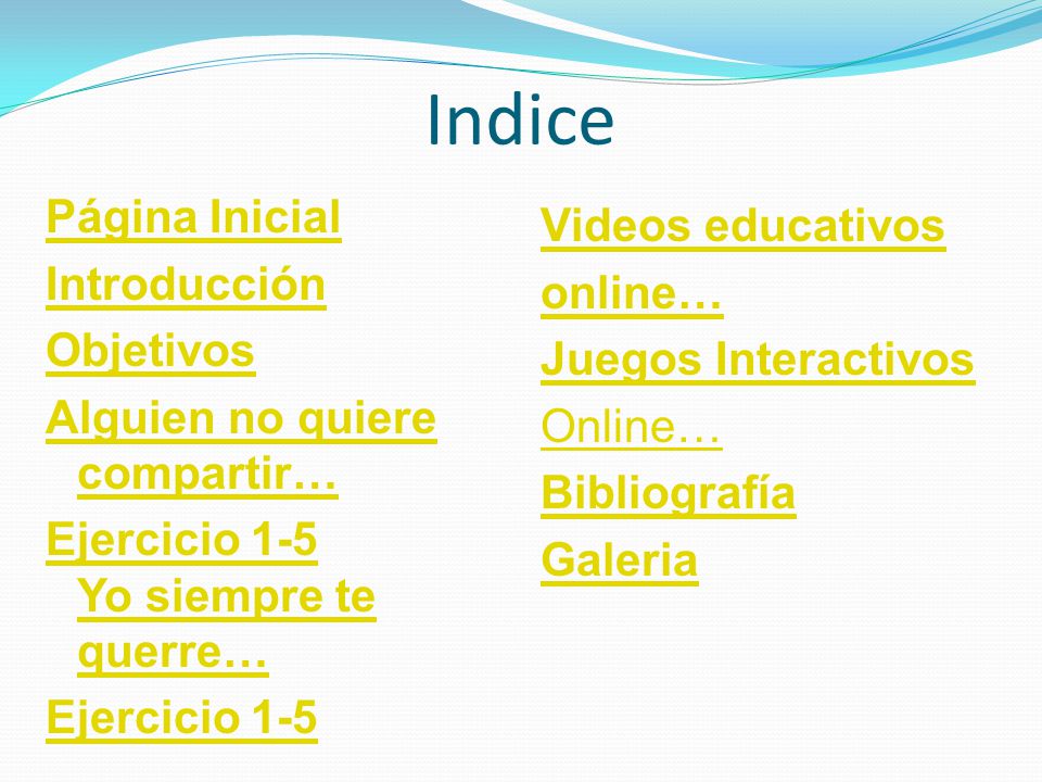Indice Página Inicial Introducción Objetivos Alguien no quiere compartir… Ejercicio 1-5 Yo siempre te querre… Ejercicio 1-5