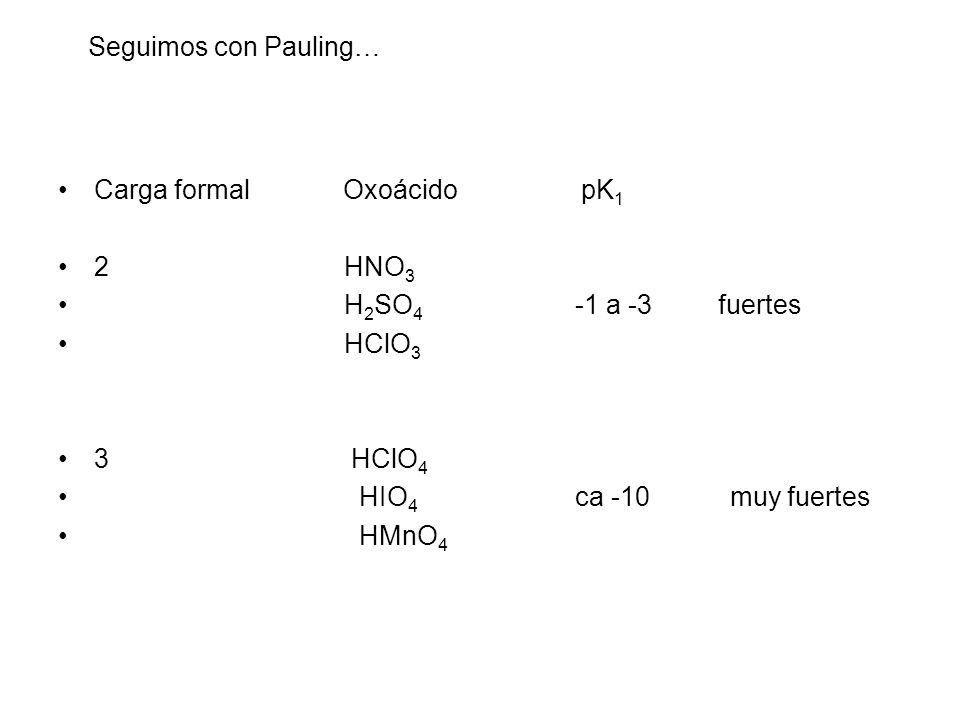 Seguimos con Pauling… Carga formal Oxoácido pK1. 2 HNO3.