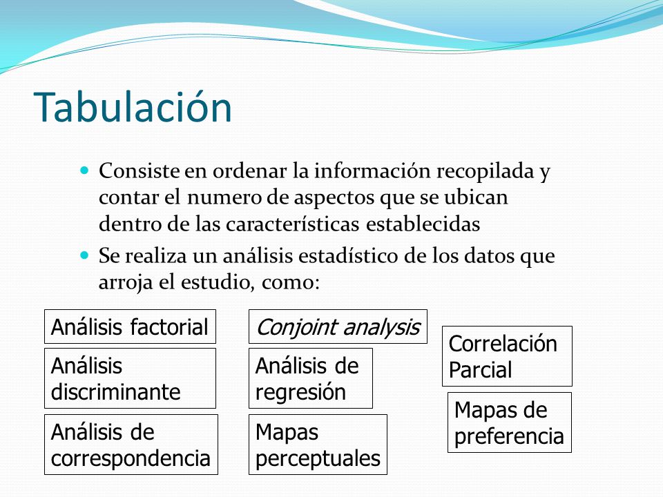Tabulación Consiste en ordenar la información recopilada y contar el numero de aspectos que se ubican dentro de las características establecidas.