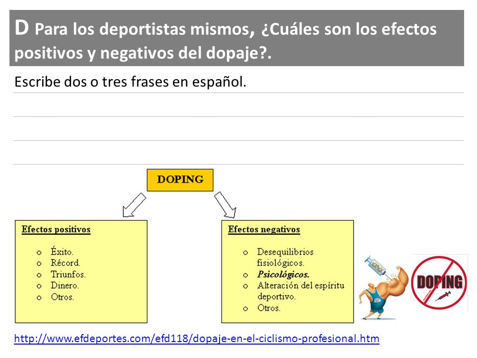 D Para los deportistas mismos, ¿Cuáles son los efectos positivos y negativos del dopaje .