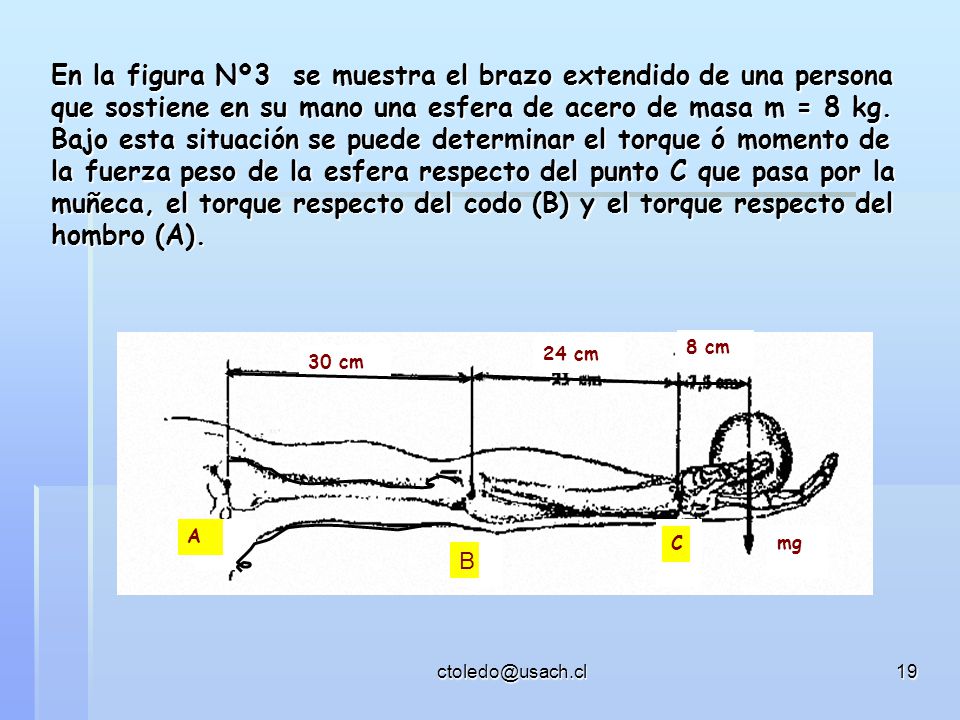En la figura Nº3 se muestra el brazo extendido de una persona que sostiene en su mano una esfera de acero de masa m = 8 kg. Bajo esta situación se puede determinar el torque ó momento de la fuerza peso de la esfera respecto del punto C que pasa por la muñeca, el torque respecto del codo (B) y el torque respecto del hombro (A).