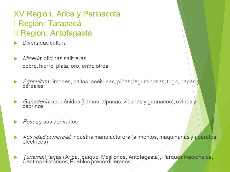 XV Región. Arica y Parinacota I Región: Tarapacá II Región: Antofagasta
