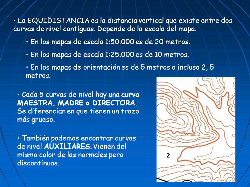 La EQUIDISTANCIA es la distancia vertical que existe entre dos curvas de nivel contiguas. Depende de la escala del mapa.