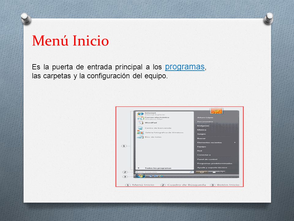 Menú Inicio Es la puerta de entrada principal a los programas, las carpetas y la configuración del equipo.