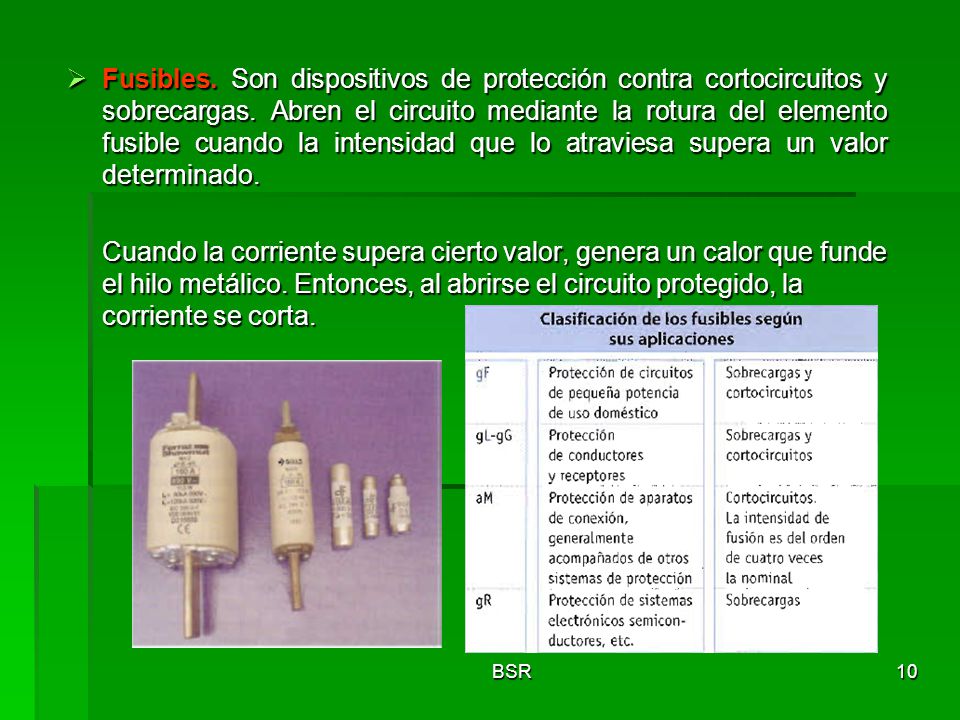Fusibles. Son dispositivos de protección contra cortocircuitos y sobrecargas. Abren el circuito mediante la rotura del elemento fusible cuando la intensidad que lo atraviesa supera un valor determinado.