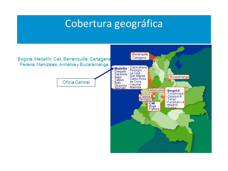 Cobertura geográfica Bogotá, Medellín, Cali, Barranquilla, Cartagena, Pereira, Manizales, Armenia y Bucaramanga.