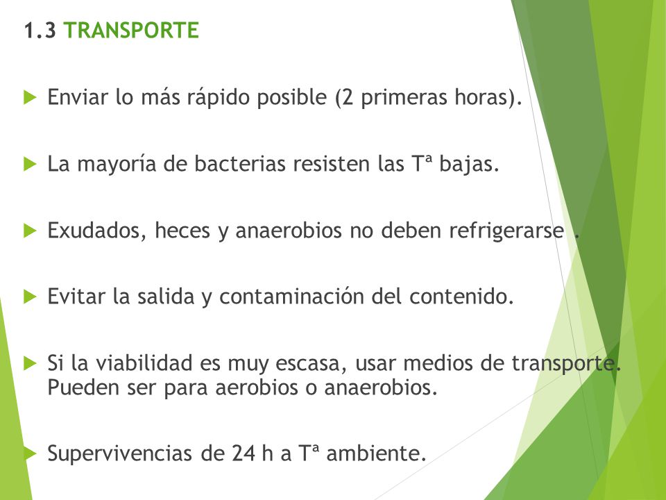 1.3 TRANSPORTE Enviar lo más rápido posible (2 primeras horas). La mayoría de bacterias resisten las Tª bajas.