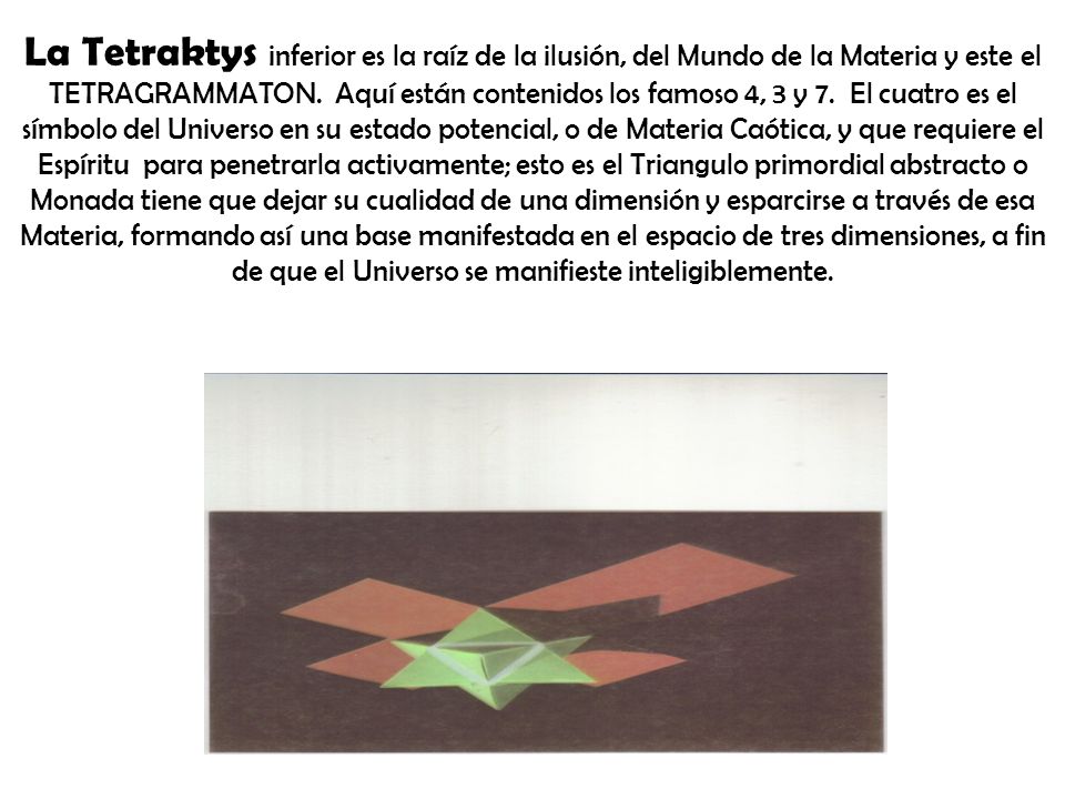 La Tetraktys inferior es la raíz de la ilusión, del Mundo de la Materia y este el TETRAGRAMMATON.